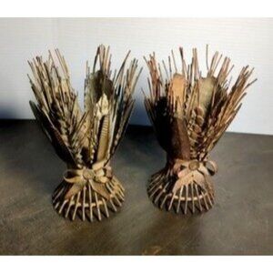 2 Wheat Taper Farmhouse Candel Holders Golden Rustic Aged Metal SEE